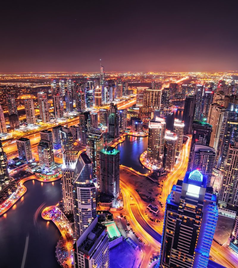 Dubai marina skyline during night. Dubai marina, United Arab Emirates.